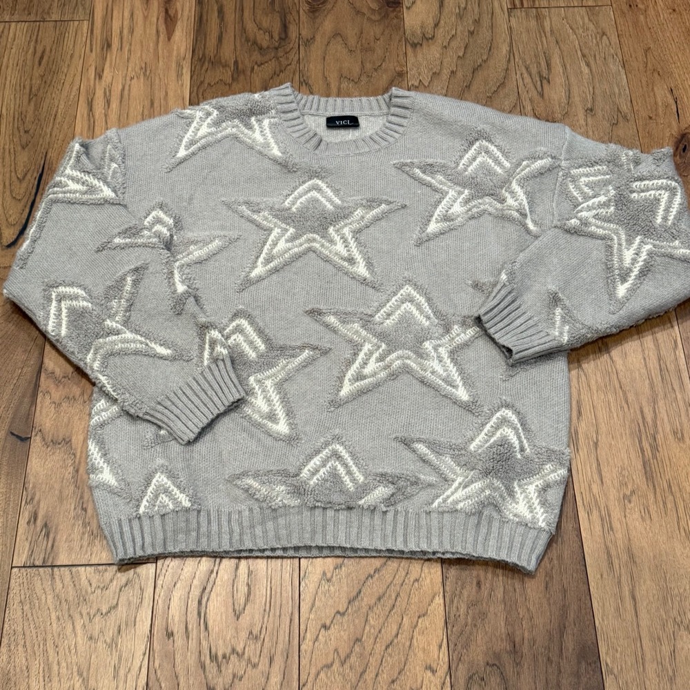 VICI Grey Star Textured Knit Crewneck Sweater Women Large New‎ Without Tags